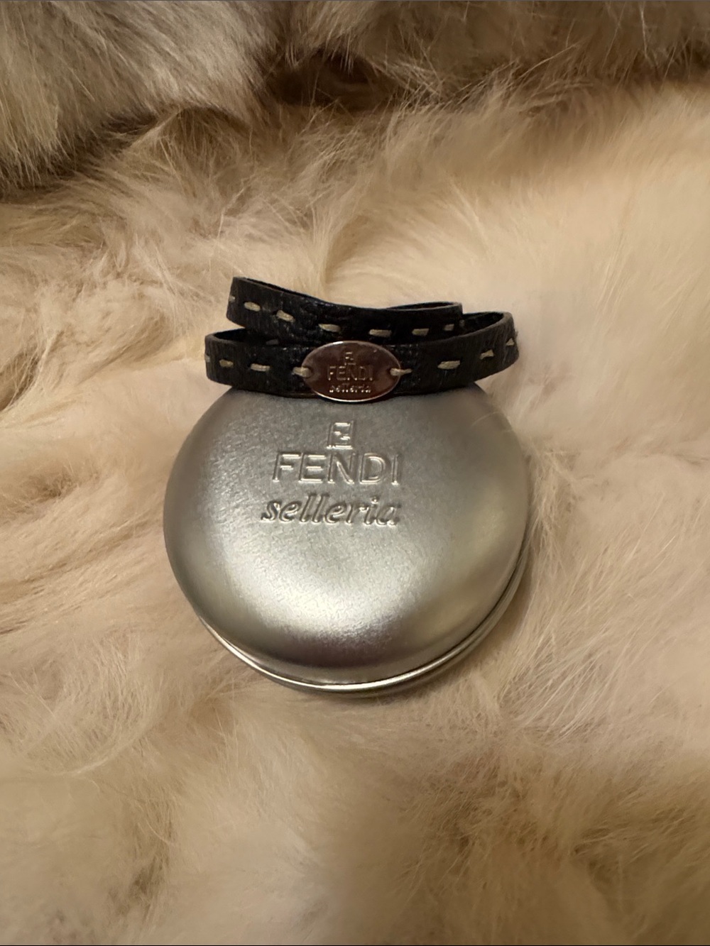 Fendi Selleria Black Leather Wrap Bracelet with Silver Logo Disc
